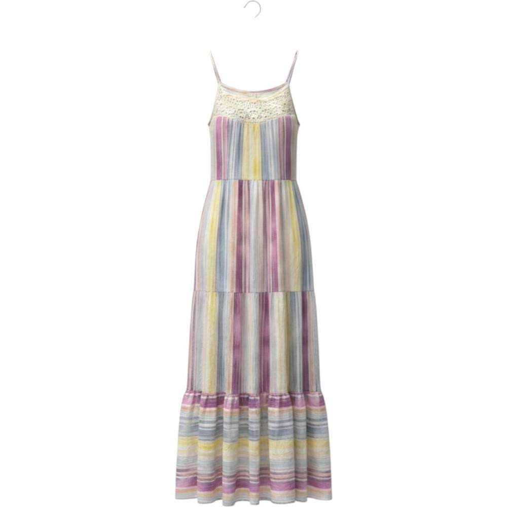 LC Lauren Conrad Womens Pastel Striped Tiered Maxi Dress Crochet Trim Small